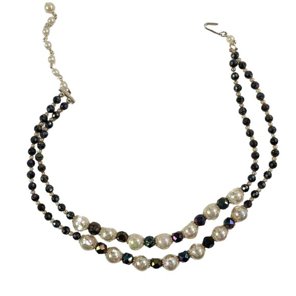 Vintage Faux Pearl Black Beads Necklace 2 Strand Black & Iridescent Beads 1980s - Picture 5 of 6